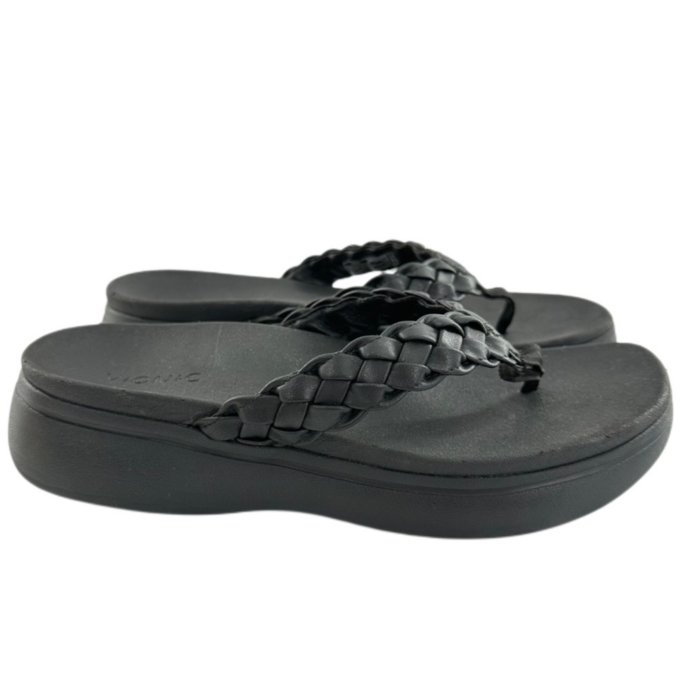 Vionic sandals 9 41 Kenji black faux leather braided thong orthopedic flatforms
